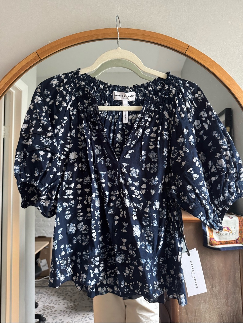 NWT Apiece Apart Navy Floral Puff-Sleeve Peasant Top
